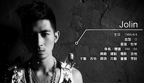 Jolin 生日：1986/4/4
血型：O
星座：牡羊
身高：180
體重：65
興趣：運動、電影、吉他
才藝：吉他、調酒、花藝、畫畫、烹飪